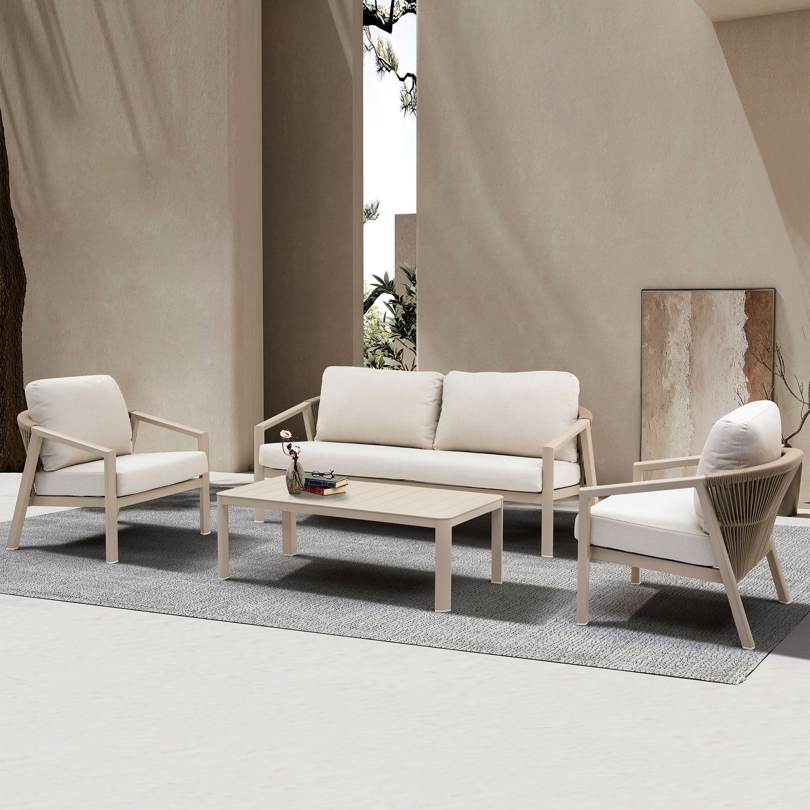 Salotto da giardino 4 posti in alluminio beige con cuscini 180x78x83 cm - WILAMOND