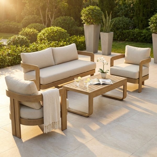Salotto da giardino 5 posti in alluminio effetto legno con cuscini beige, divano 185 cm - FALULUNA