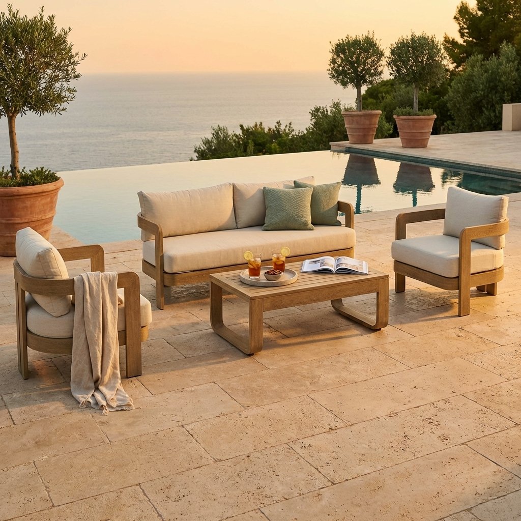 Salotto da giardino 5 posti in alluminio effetto legno con cuscini beige, divano 185 cm - FALULUNA Salotto da giardino 5 posti in alluminio effetto legno con cuscini beige, divano 185 cm - FALULUNA