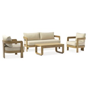 Salotto da giardino 5 posti in alluminio effetto legno con cuscini beige, divano 185 cm - FALULUNA Salotto da giardino 5 posti in alluminio effetto legno con cuscini beige, divano 185 cm - FALULUNA