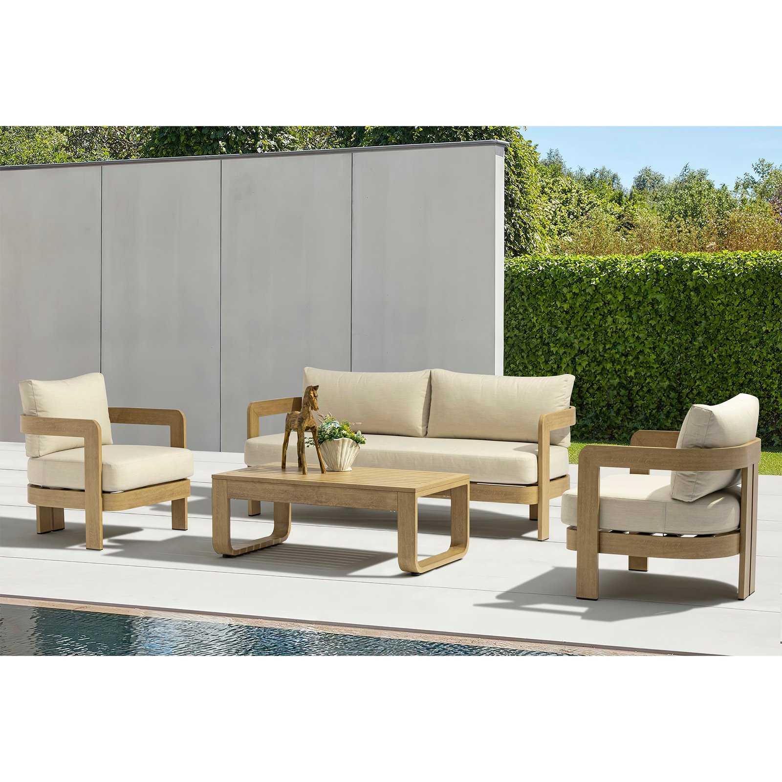 Salotto da giardino 5 posti in alluminio effetto legno con cuscini beige, divano 185 cm - FALULUNA Salotto da giardino 5 posti in alluminio effetto legno con cuscini beige, divano 185 cm - FALULUNA