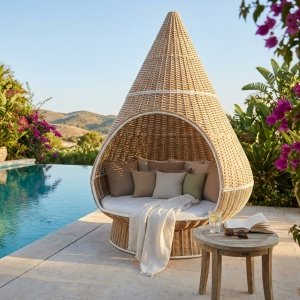 Lettino da giardino a conchiglia in rattan naturale con cuscini 200x296x200 cm - ISURTHAS Lettino da giardino a conchiglia in rattan naturale con cuscini 200x296x200 cm - ISURTHAS