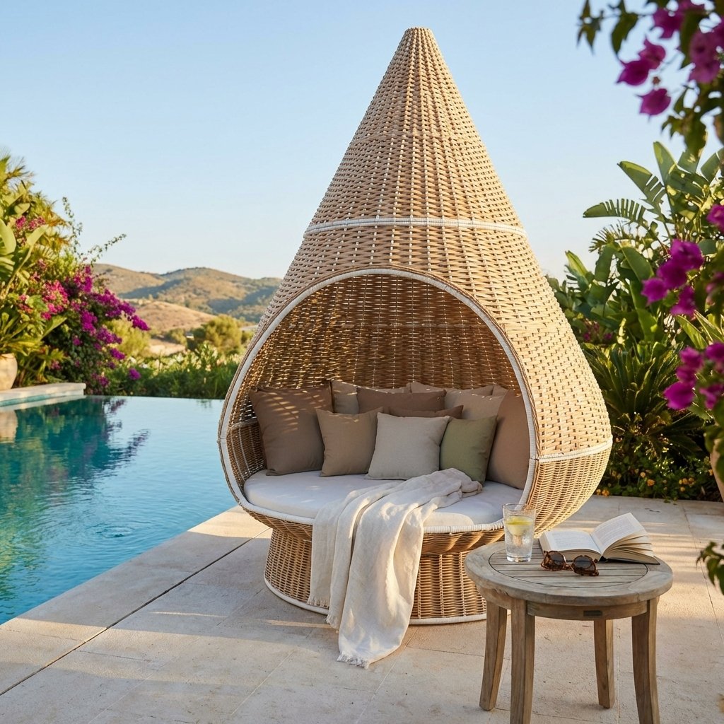 Lettino da giardino a conchiglia in rattan naturale con cuscini 200x296x200 cm - ISURTHAS Lettino da giardino a conchiglia in rattan naturale con cuscini 200x296x200 cm - ISURTHAS