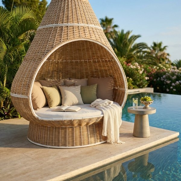 Lettino da giardino a conchiglia in rattan naturale con cuscini 200x296x200 cm - ISURTHAS
