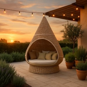 Lettino da giardino a conchiglia in rattan naturale con cuscini 200x296x200 cm - ISURTHAS Lettino da giardino a conchiglia in rattan naturale con cuscini 200x296x200 cm - ISURTHAS