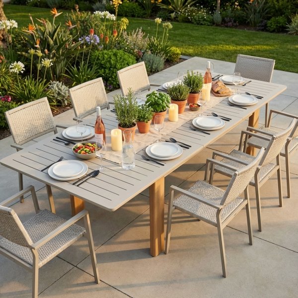 Tavolo da giardino allungabile in alluminio grey sand con gambe effetto legno 233/296x100 cm - GALAMIRA