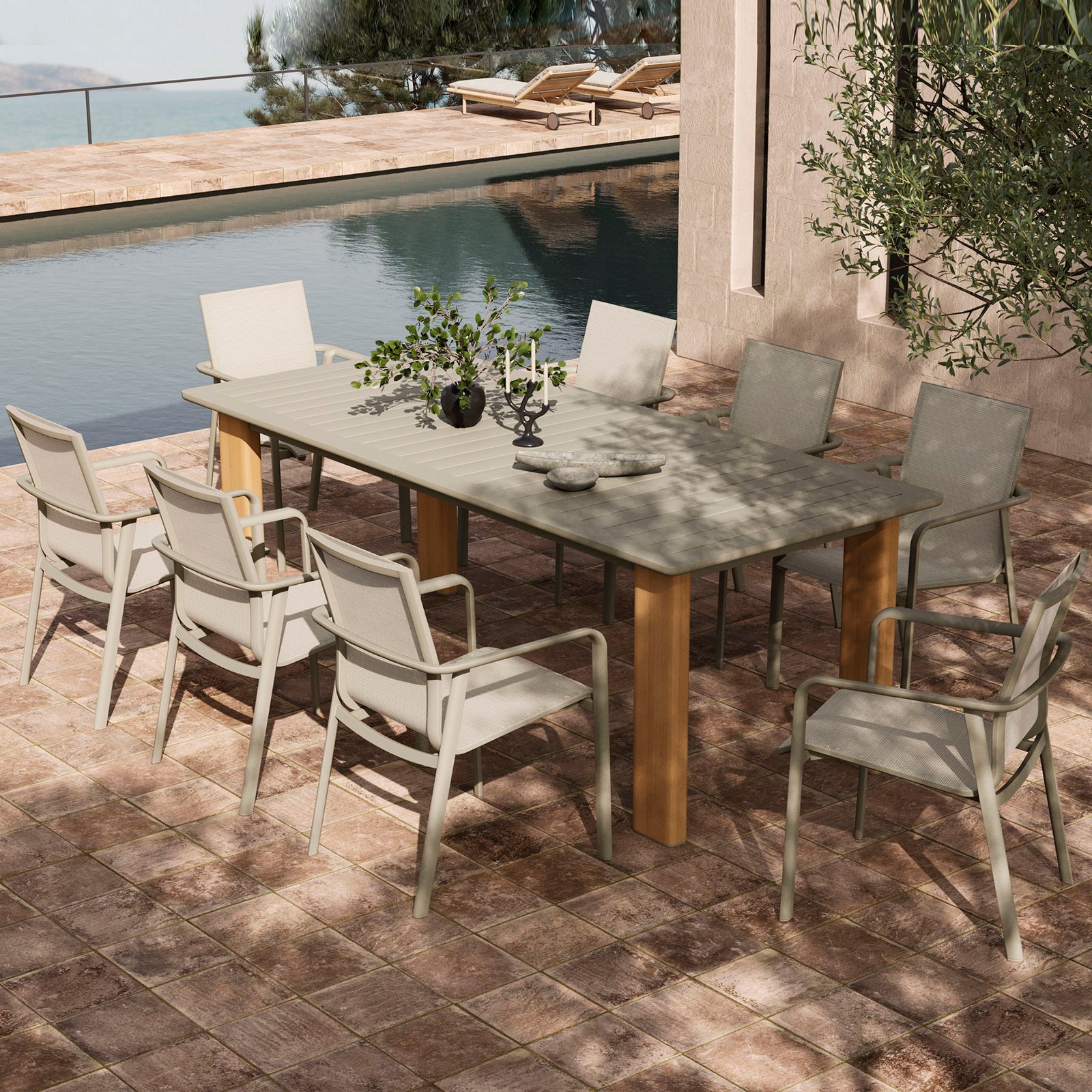 Tavolo da giardino allungabile in alluminio grey sand con gambe effetto legno 233/296x100 cm - GALAMIRA