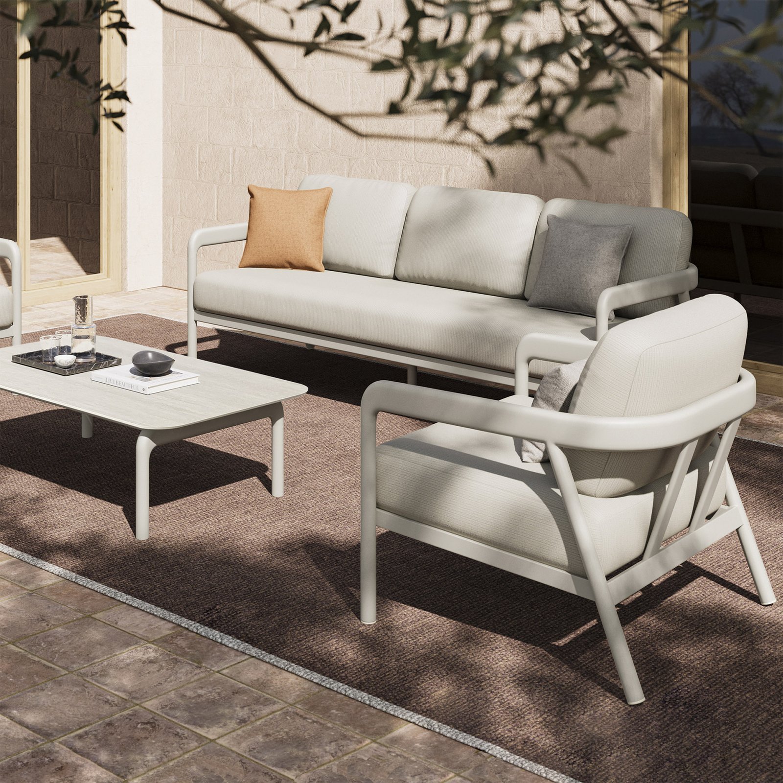 Salotto da giardino in alluminio verniciato con cuscini 212x81,5x64 cm - CORERVEN Salotto da giardino in alluminio verniciato con cuscini 212x81,5x64 cm - CORERVEN