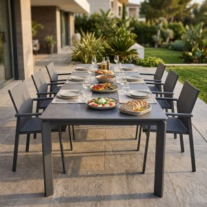 Tavolo da giardino allungabile in alluminio con piano in pietra effetto marmo 200/260/320x90x75 cm - BELILTHAS Tavolo da giardino allungabile in alluminio con piano in pietra effetto marmo 200/260/320x90x75 cm - BELILTHAS