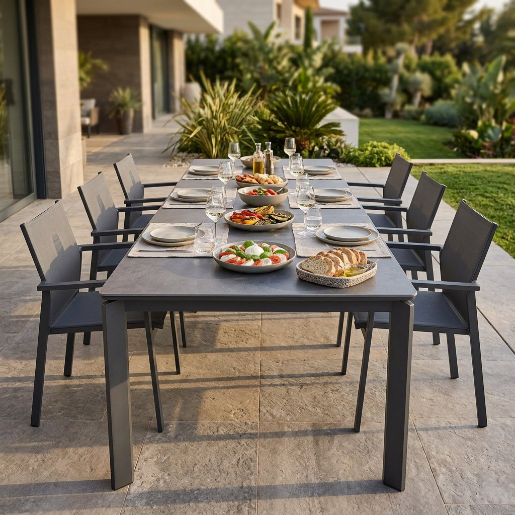 Tavolo da giardino allungabile in alluminio con piano in pietra effetto marmo 200/260/320x90x75 cm - BELILTHAS Tavolo da giardino allungabile in alluminio con piano in pietra effetto marmo 200/260/320x90x75 cm - BELILTHAS