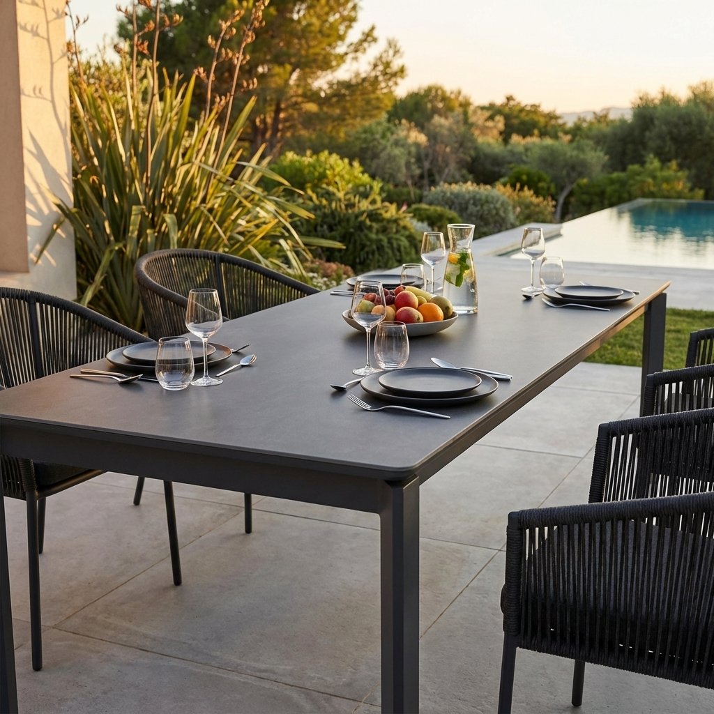 Tavolo da giardino allungabile in alluminio con piano in pietra effetto marmo 200/260/320x90x75 cm - BELILTHAS Tavolo da giardino allungabile in alluminio con piano in pietra effetto marmo 200/260/320x90x75 cm - BELILTHAS
