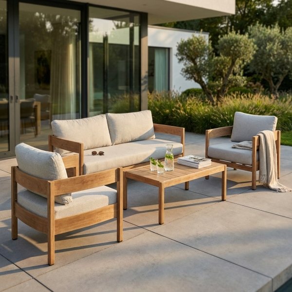 Set salotto da giardino 180x74x66 cm in alluminio effetto legno con cuscini - ULULRIC