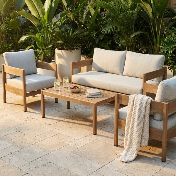 Set salotto da giardino 180x74x66 cm in alluminio effetto legno con cuscini - ULULRIC