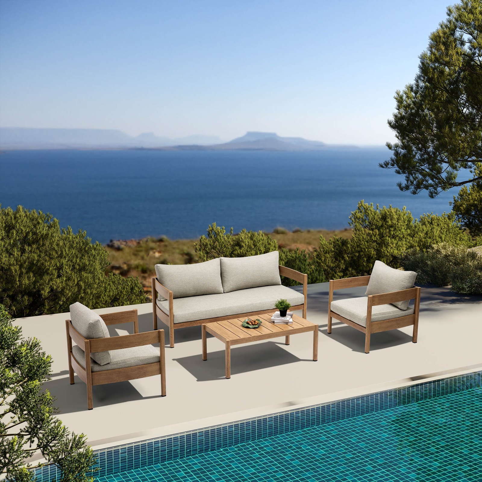 Set salotto da giardino 180x74x66 cm in alluminio effetto legno con cuscini - ULULRIC Set salotto da giardino 180x74x66 cm in alluminio effetto legno con cuscini - ULULRIC