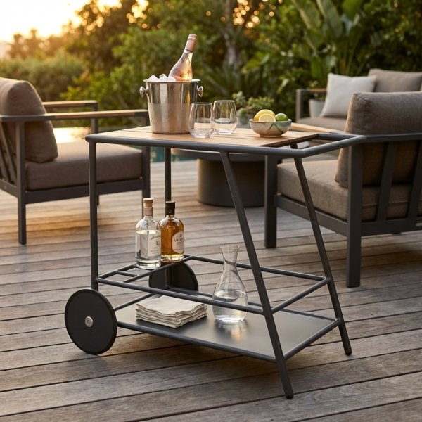 Carrello bar da esterno in alluminio con piano mobile in HPL e ruote 91x50x73 cm - HELELDIL