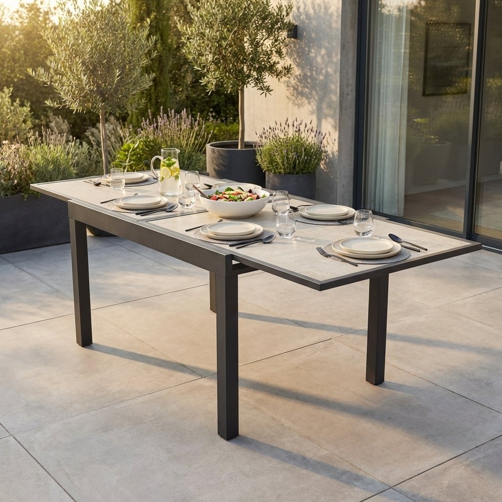 Tavolo da giardino allungabile in alluminio con piano in vetro effetto legno 120/240x90x75 cm - ULERDIL