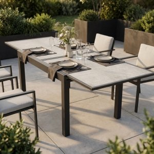 Tavolo da giardino allungabile in alluminio con piano in vetro effetto legno 120/240x90x75 cm - ULERDIL