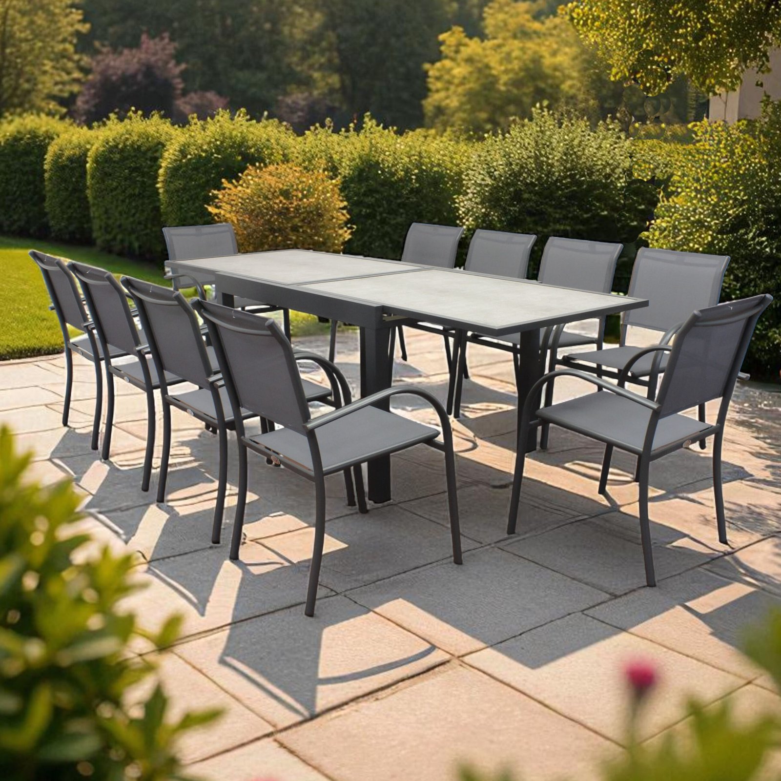 Tavolo da giardino allungabile in alluminio con piano in vetro effetto legno 120/240x90x75 cm - ULERDIL