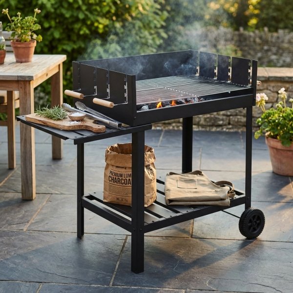 Barbecue a carbonella in acciaio verniciato nero con carrello, due griglie e ripiano laterale - HELANDOR