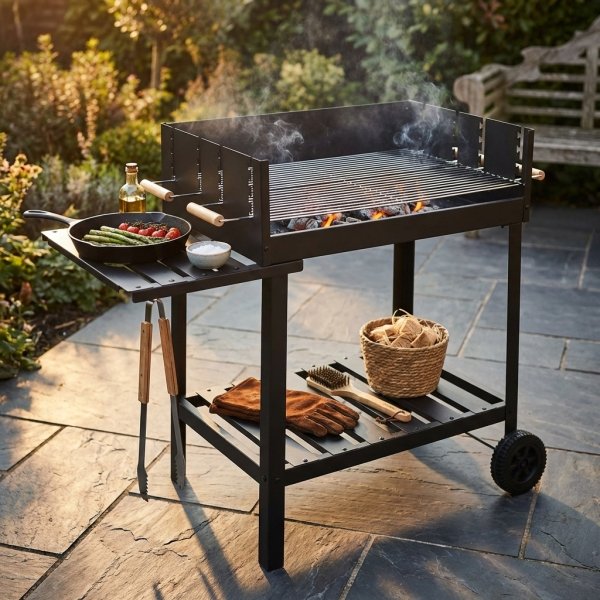 Barbecue a carbonella in acciaio verniciato nero con carrello, due griglie e ripiano laterale - HELANDOR