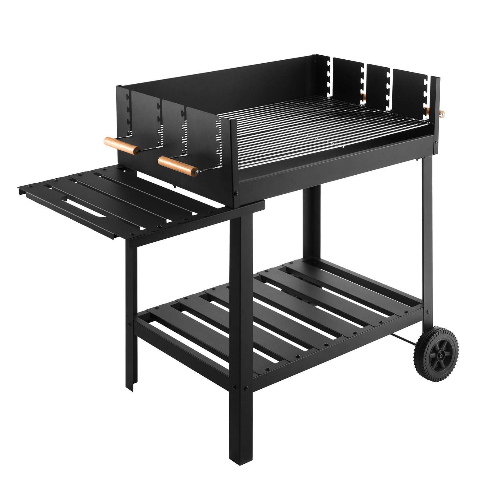 Barbecue a carbonella in acciaio verniciato nero con carrello, due griglie e ripiano laterale - HELANDOR