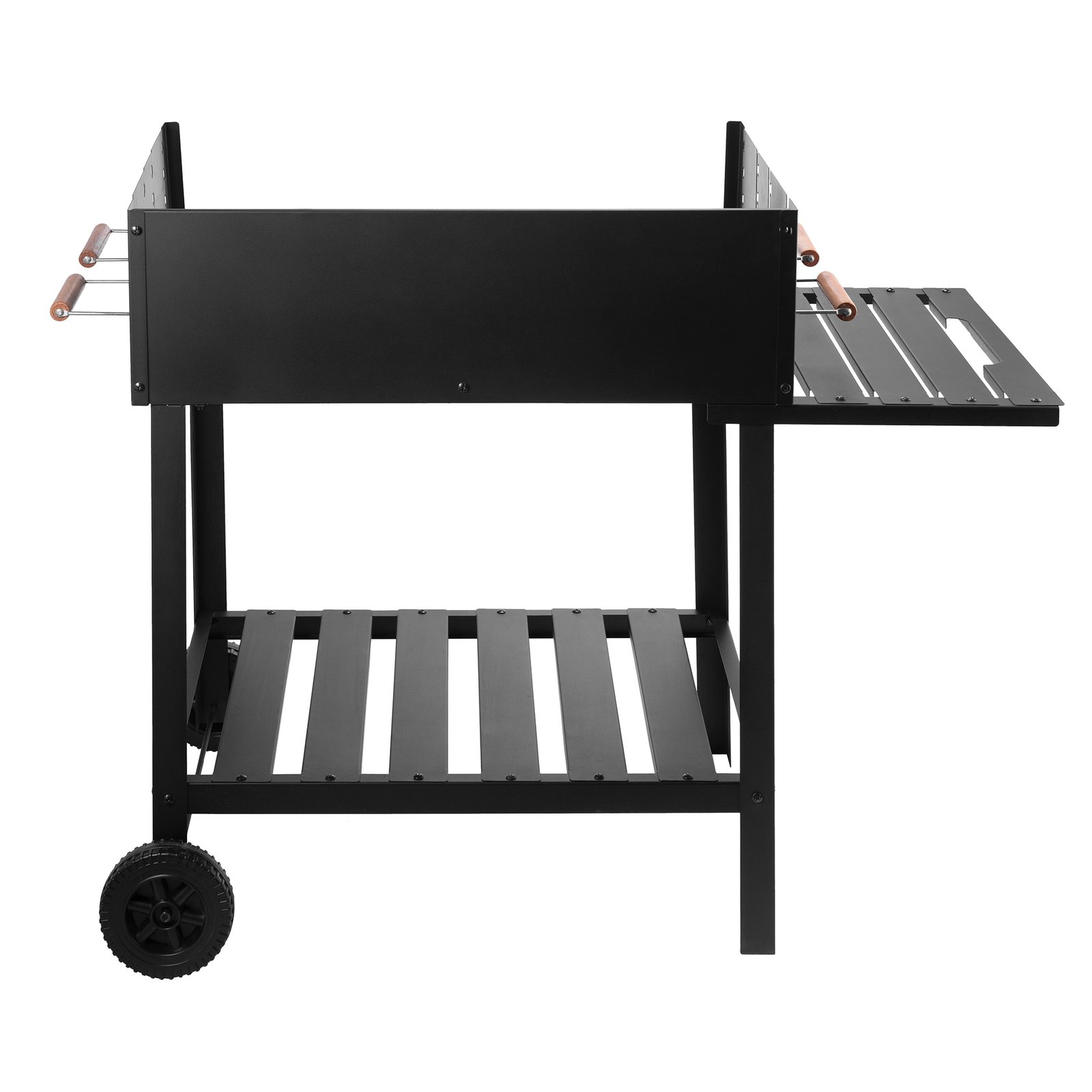 Barbecue a carbonella in acciaio verniciato nero con carrello, due griglie e ripiano laterale - HELANDOR