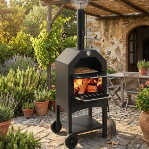 Forno per pizza a legna da esterno su ruote in acciaio nero - HELENTHAS Forno per pizza a legna da esterno su ruote in acciaio nero - HELENTHAS