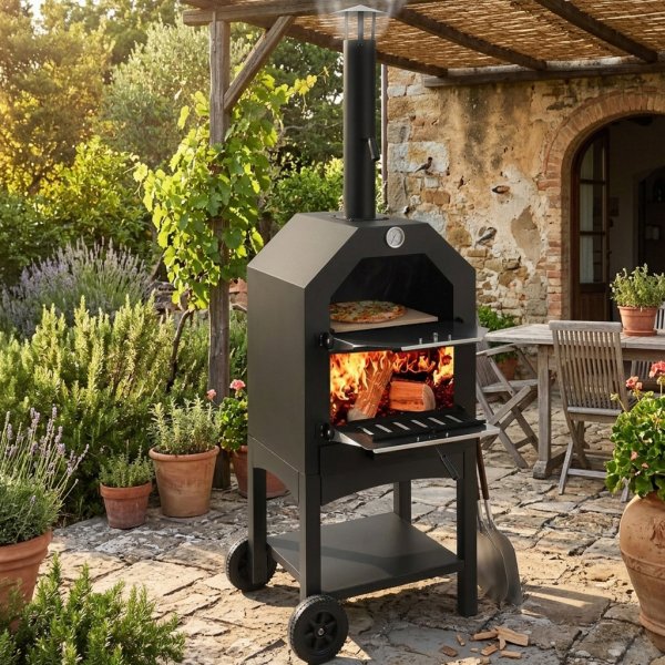 Forno per pizza a legna da esterno su ruote in acciaio nero - HELENTHAS