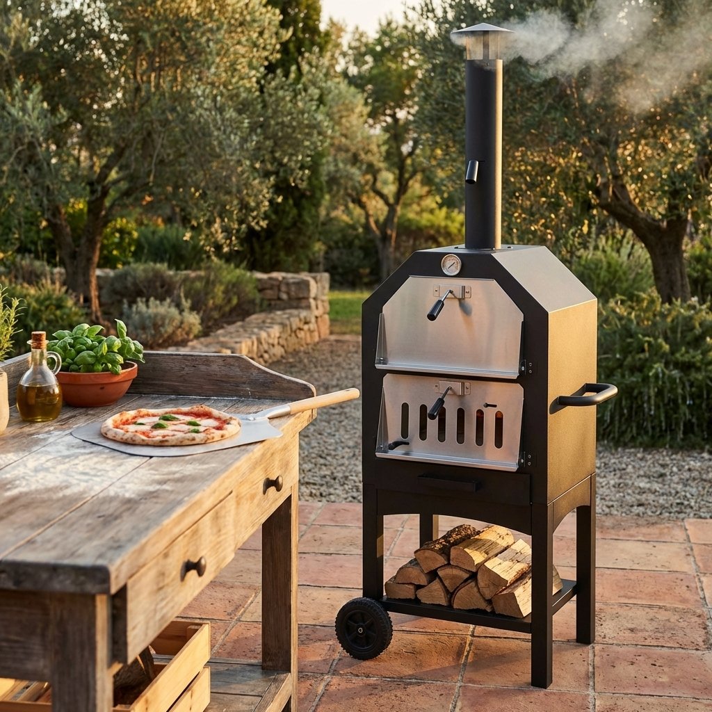 Forno per pizza a legna da esterno su ruote in acciaio nero - HELENTHAS Forno per pizza a legna da esterno su ruote in acciaio nero - HELENTHAS