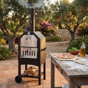 Forno per pizza a legna da esterno su ruote in acciaio nero - HELENTHAS Forno per pizza a legna da esterno su ruote in acciaio nero - HELENTHAS