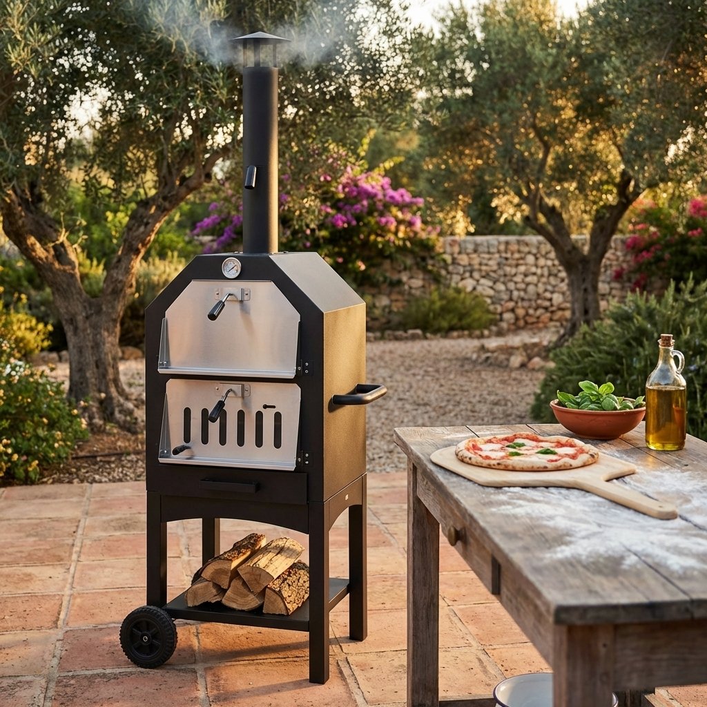 Forno per pizza a legna da esterno su ruote in acciaio nero - HELENTHAS Forno per pizza a legna da esterno su ruote in acciaio nero - HELENTHAS