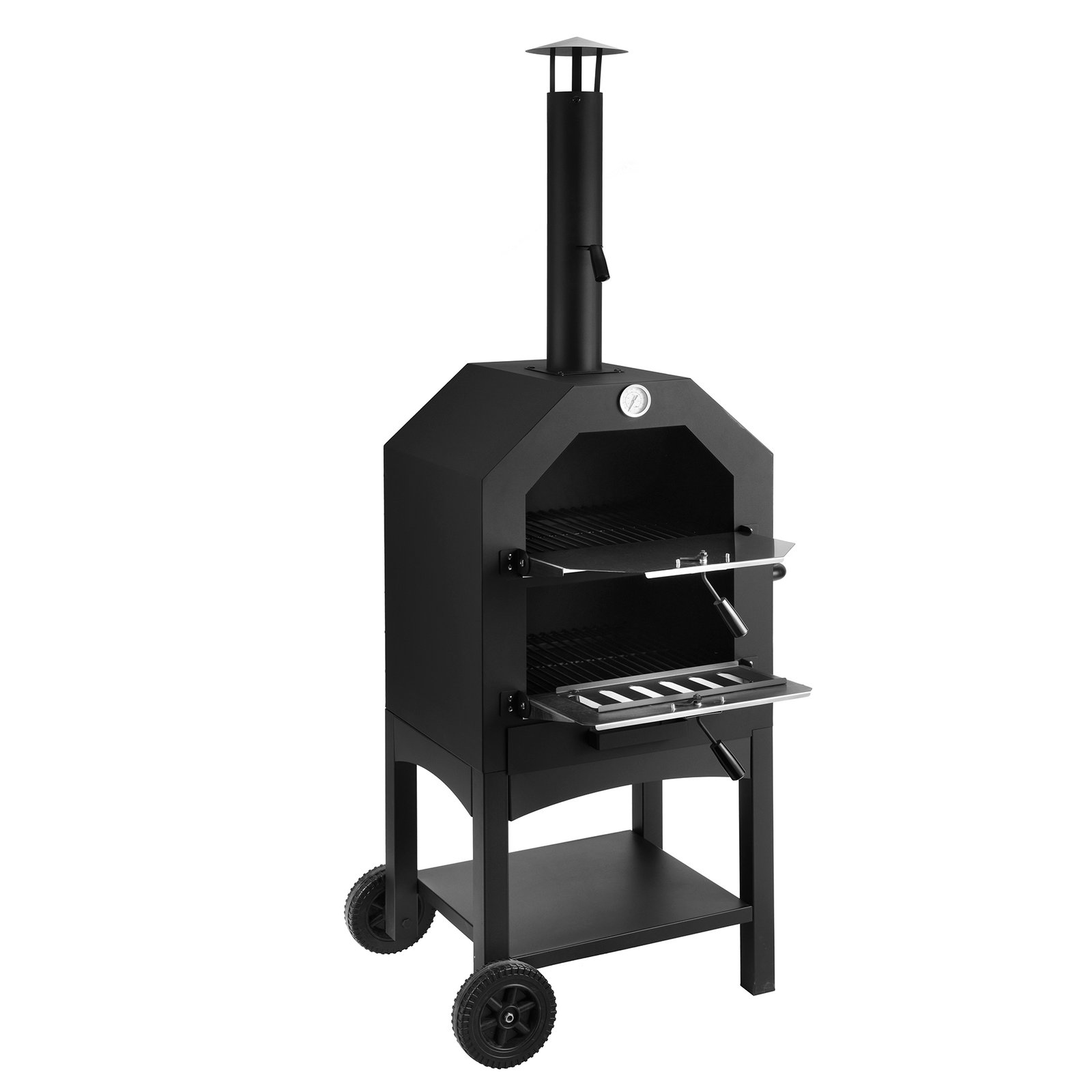 Forno per pizza a legna da esterno su ruote in acciaio nero - HELENTHAS Forno per pizza a legna da esterno su ruote in acciaio nero - HELENTHAS