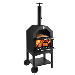 Forno per pizza a legna da esterno su ruote in acciaio nero - HELENTHAS Forno per pizza a legna da esterno su ruote in acciaio nero - HELENTHAS
