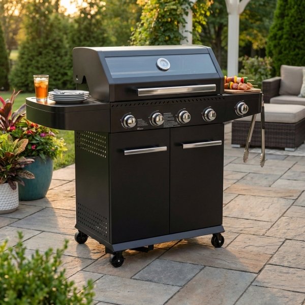 Barbecue a gas 4 fuochi in acciaio nero con griglia scaldavivande e ruote 132,5x57x114 cm - SELENVIA