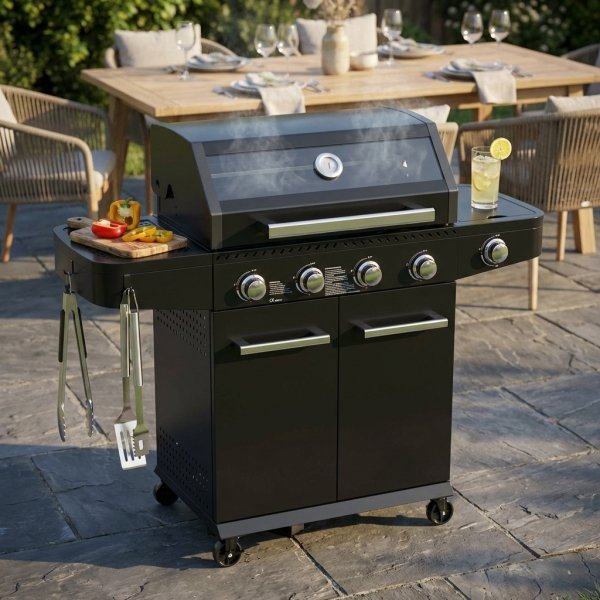 Barbecue a gas 4 fuochi in acciaio nero con griglia scaldavivande e ruote 132,5x57x114 cm - SELENVIA