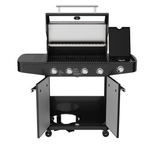 Barbecue a gas 4 fuochi in acciaio nero con griglia scaldavivande e ruote 132,5x57x114 cm - SELENVIA Barbecue a gas 4 fuochi in acciaio nero con griglia scaldavivande e ruote 132,5x57x114 cm - SELENVIA