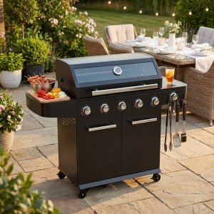 Barbecue a gas 5 fuochi in acciaio nero con piano cottura inox 144x57x114 cm - SELENVIA Barbecue a gas 5 fuochi in acciaio nero con piano cottura inox 144x57x114 cm - SELENVIA