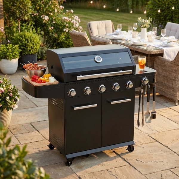 Barbecue a gas 5 fuochi in acciaio nero con piano cottura inox 144x57x114 cm - SELENVIA
