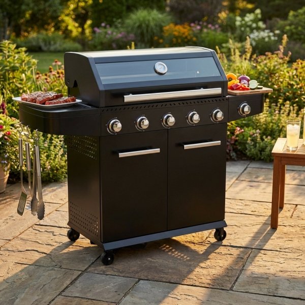 Barbecue a gas 5 fuochi in acciaio nero con piano cottura inox 144x57x114 cm - SELENVIA