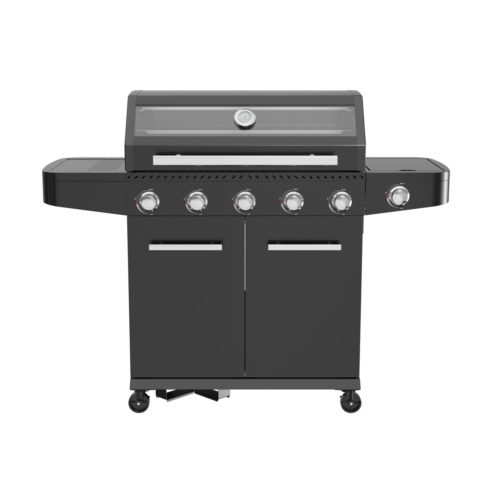 Barbecue a gas 5 fuochi in acciaio nero con piano cottura inox 144x57x114 cm - SELENVIA Barbecue a gas 5 fuochi in acciaio nero con piano cottura inox 144x57x114 cm - SELENVIA