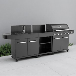 Barbecue a gas 5 fuochi in acciaio nero con piano cottura inox 144x57x114 cm - SELENVIA Barbecue a gas 5 fuochi in acciaio nero con piano cottura inox 144x57x114 cm - SELENVIA