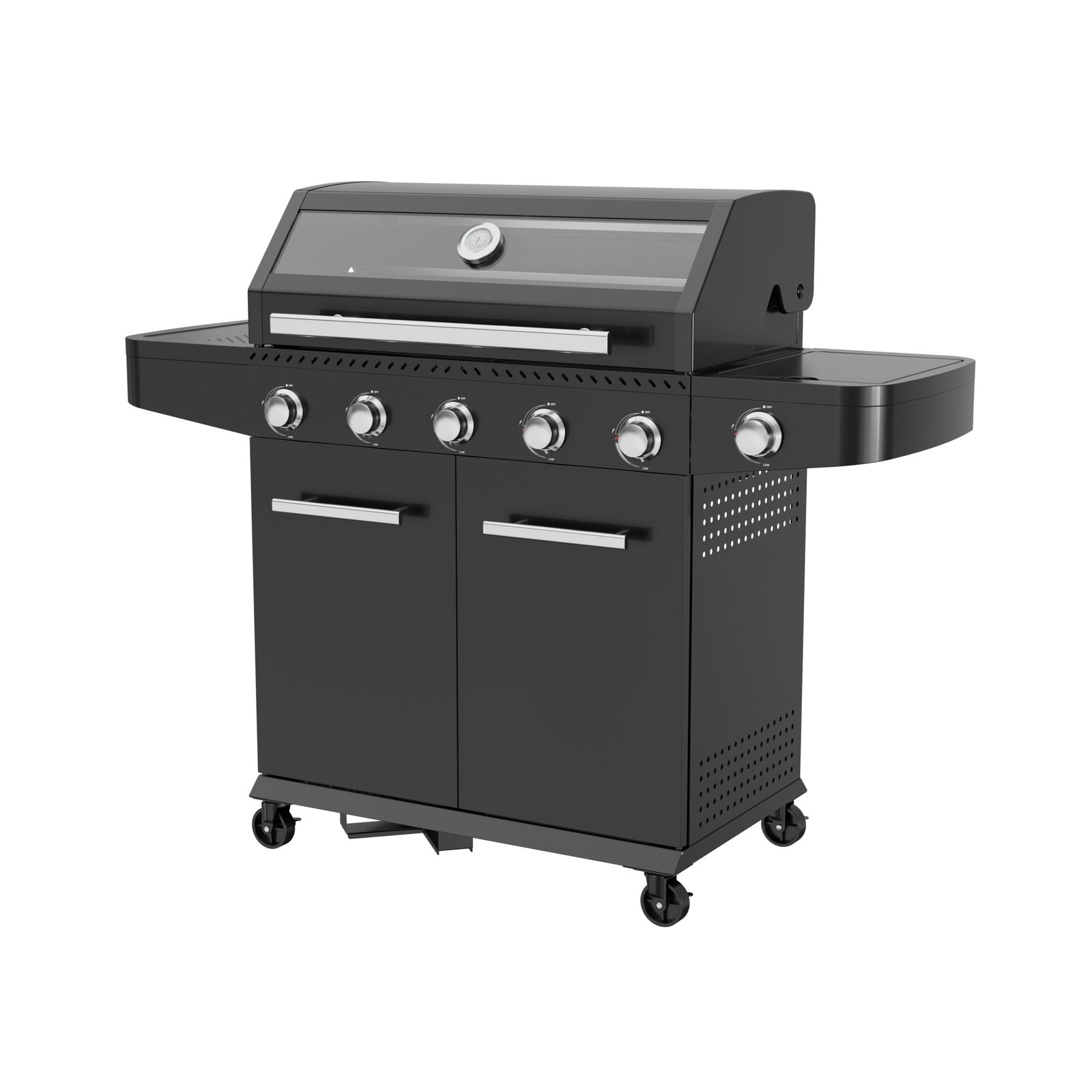 Barbecue a gas 5 fuochi in acciaio nero con piano cottura inox 144x57x114 cm - SELENVIA Barbecue a gas 5 fuochi in acciaio nero con piano cottura inox 144x57x114 cm - SELENVIA
