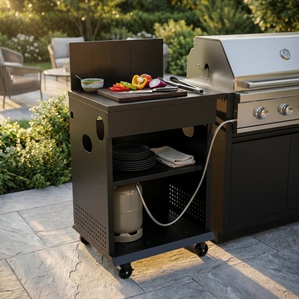 Modulo cucina da esterno in acciaio nero con ripiani e ruote 60x46,5x109,5 cm - QUORANRIC