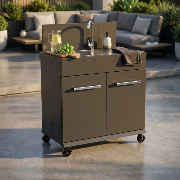 Modulo cucina da esterno con lavello in acciaio su ruote 82 x 46,5 x 109,5 cm nero - QUORANRIC