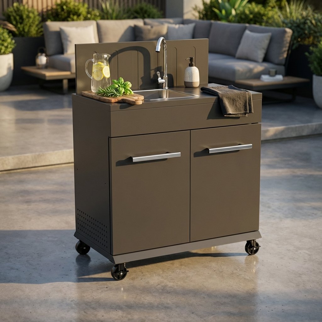 Modulo cucina da esterno con lavello in acciaio su ruote 82 x 46,5 x 109,5 cm nero - QUORANRIC
