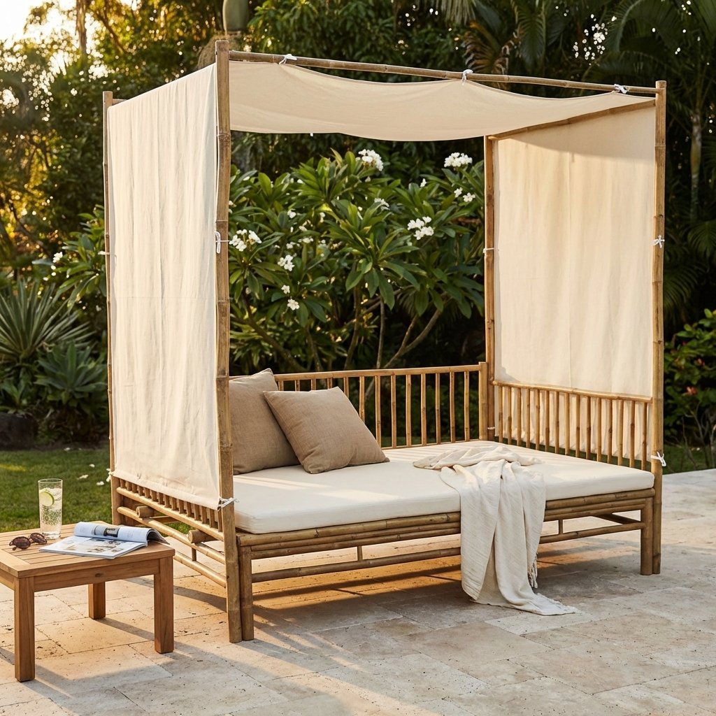 Divano letto da giardino in bambù con baldacchino e tende 210x150x240 cm - ULAZIO Divano letto da giardino in bambù con baldacchino e tende 210x150x240 cm - ULAZIO