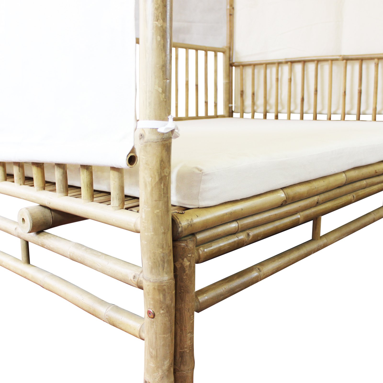 Divano letto da giardino in bambù con baldacchino e tende 210x150x240 cm - ULAZIO Divano letto da giardino in bambù con baldacchino e tende 210x150x240 cm - ULAZIO