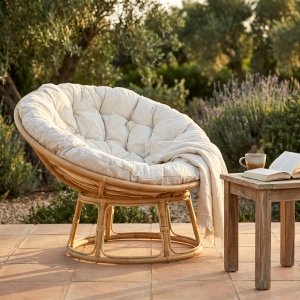 Poltrona rotonda in fibra naturale intrecciata con cuscini beige - FALIVEN Poltrona rotonda in fibra naturale intrecciata con cuscini beige - FALIVEN