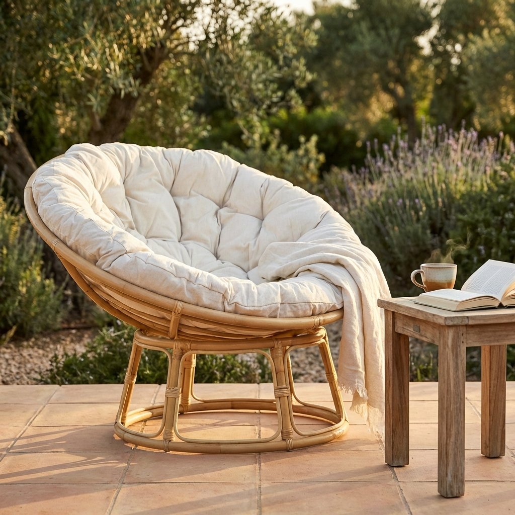 Poltrona rotonda in fibra naturale intrecciata con cuscini beige - FALIVEN Poltrona rotonda in fibra naturale intrecciata con cuscini beige - FALIVEN