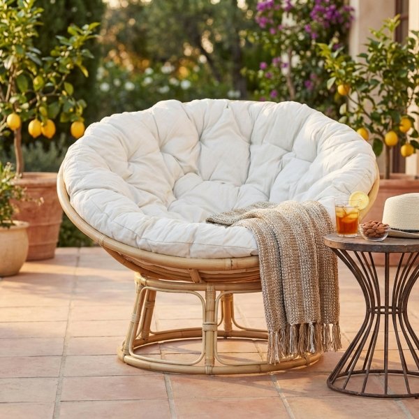 Poltrona rotonda in fibra naturale intrecciata con cuscini beige - FALIVEN